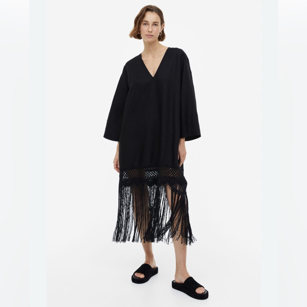 NWT H&M Black Linen Crochet Vacation Dress Beach Coverup Kaftan